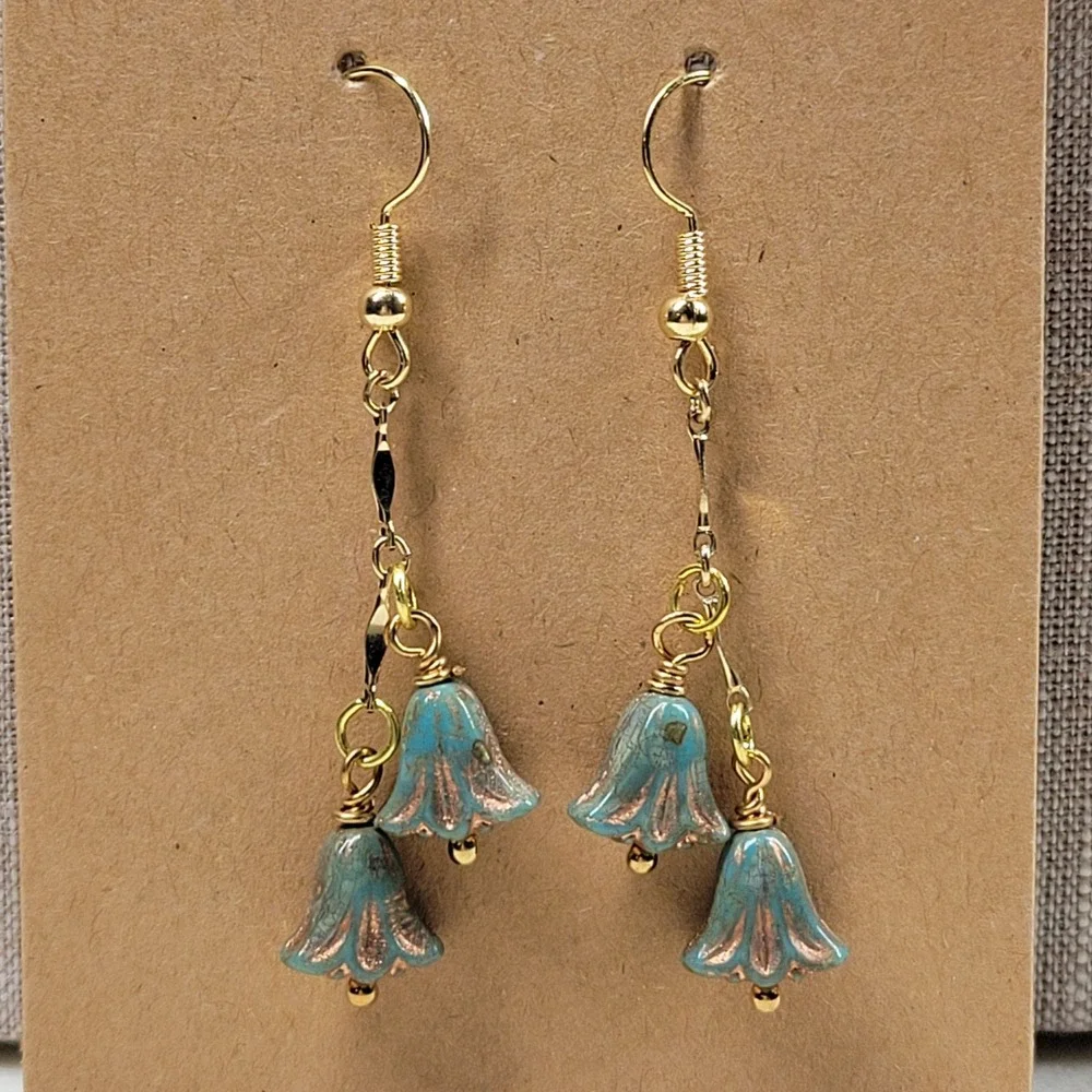 Blue Lily Flower Dangle Drop Earrings Handmade Beaded Whimsical Fairy Boho NEW